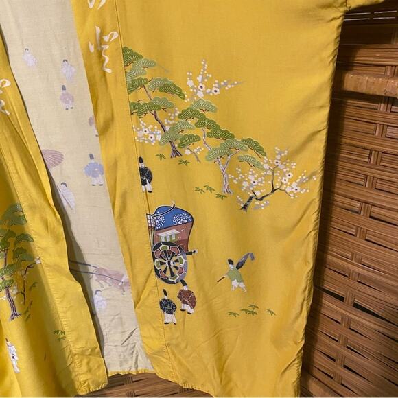 Vintage Yellow Japanese Happi Kimono Jacket Scenic Print one size orient Asian - Picture 4 of 11